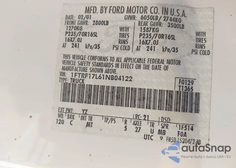 2001 Ford F-150 Xl/Xlt z USA, uszkodzony, nr VIN 1FTRF17L61NB04122